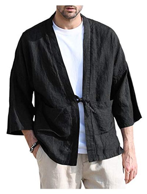 Makkron Mens Janpanese Kimono Cardigan Jacket Yukata Cotton Linen Casual Seven Sleeve Open Front Shirt