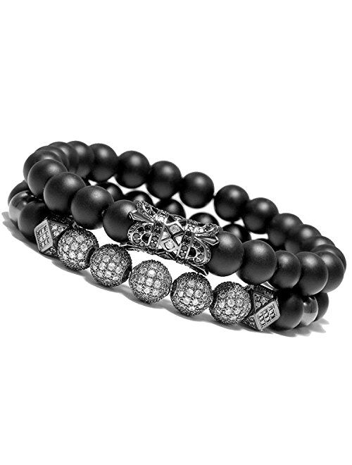 WFYOU 8mm Charm Beads Bracelet for Men Women Black Matte Onyx Natural Stone Beads, 7.5"