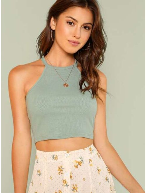 Shein Rib Knit Fitted Crop Halter Top
