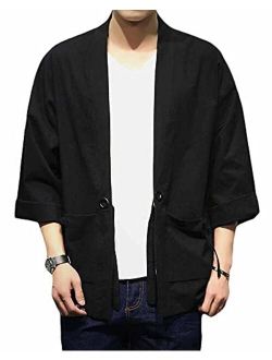 PRIJOUHE Men's Japanese Style Kimono Cardigan Jacket Cotton Blends Linen Seven Sleeves Solid Color Open Front Coat 