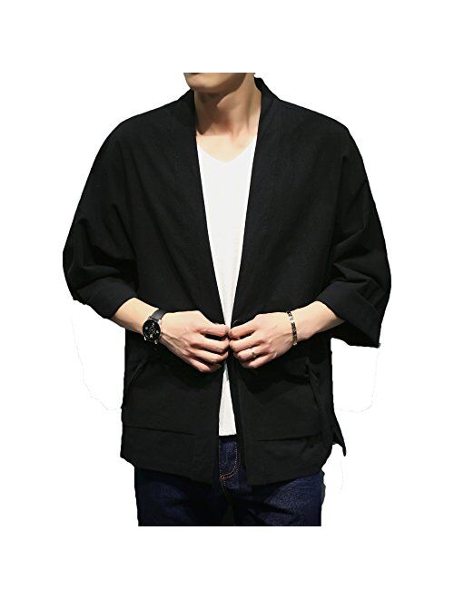 PRIJOUHE Men's Japanese Style Kimono Cardigan Jacket Cotton Blends Linen Seven Sleeves Solid Color Open Front Coat