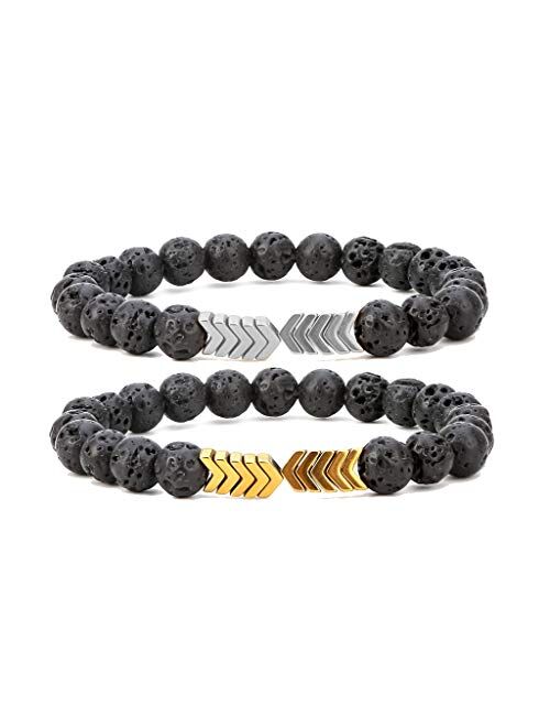 SEVENSTONE 8mm Lava Rock Bead Arrow Diffuser Natural Stone Bracelet Yoga Beads Elastic Jewelry Set for Women Men