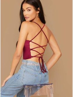 Satin Lace-Up Open-Back Cami Top