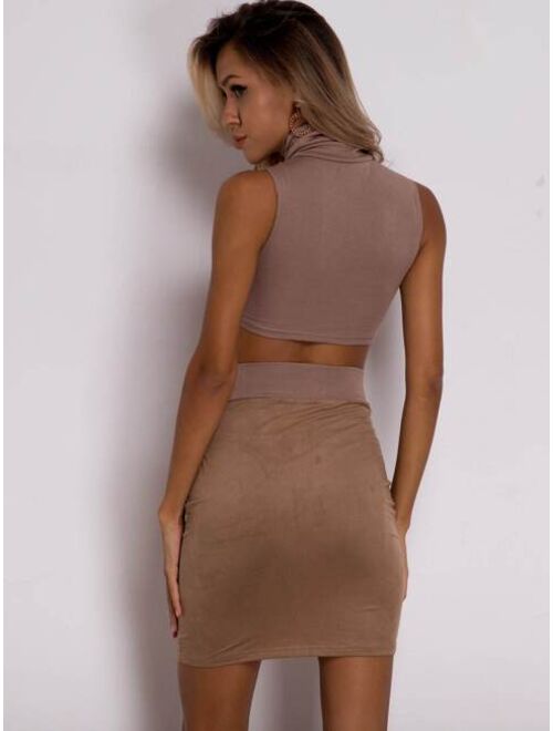 Joyfunear Turtleneck Slim Crop Top & Pocket Skirt Set