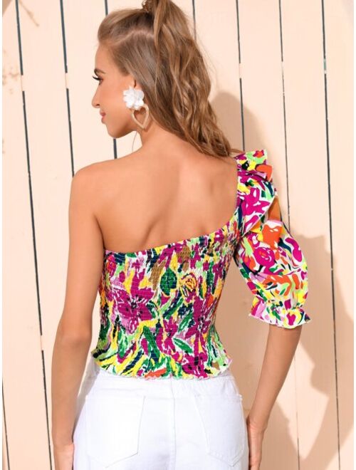 Shein All Over Print One Shoulder Shirred Top