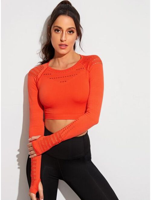 Laser Cut Crop Sports Tee With Thumb Holes