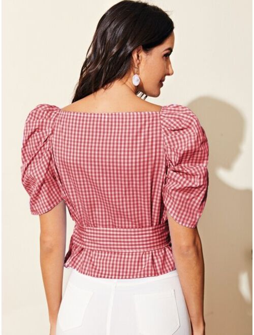 Shein Gingham Print Wrap Belted Blouse