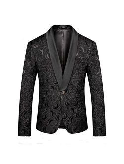 MOGU Mens Blazer Slim Fit Suit Jacket White Floral Jacquard