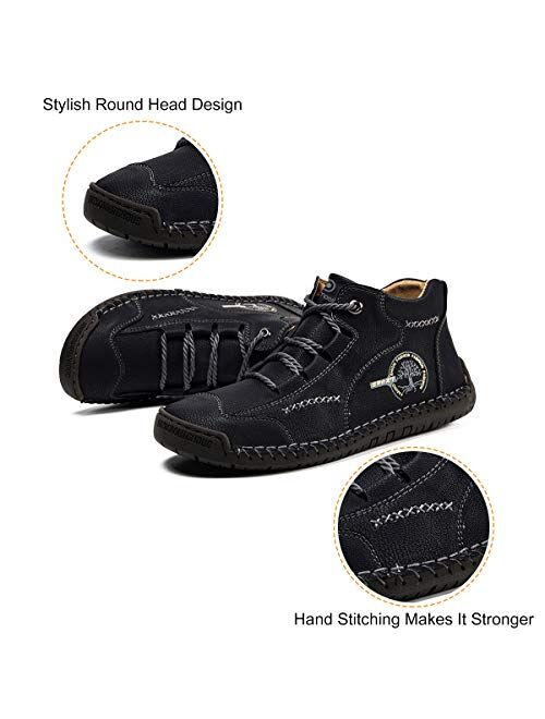 Pumoes Mens Casual Shoes Loafers Flat Shoes Vintage Hand Stitching Comfort Soft Leather Ankle Boots Breathable Lace-up Driving Shoes Flats Oxford Shoes