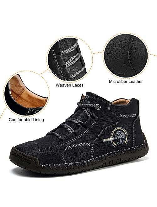 Pumoes Mens Casual Shoes Loafers Flat Shoes Vintage Hand Stitching Comfort Soft Leather Ankle Boots Breathable Lace-up Driving Shoes Flats Oxford Shoes