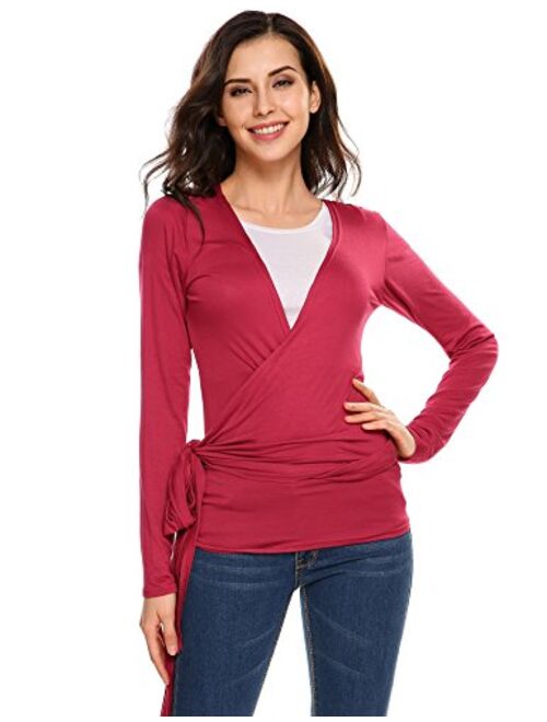 Meaneor Women's Convertible Long Sleeve Casual Wrap Cross Over Blouse Top