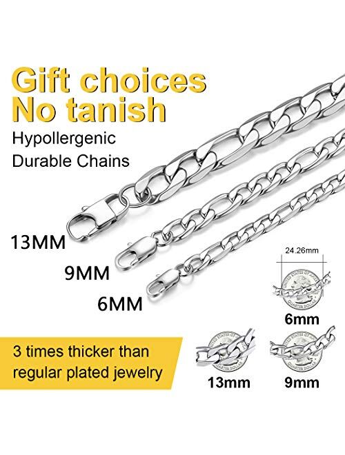 ChainsPro Men/Women Sturdy Figaro/Cuban Chain Bracelet, 6/9/13mm Width, 7.48/8.26" Length, 316L Stainless Steel/18K Gold Tone/Black (Send Gift Box)