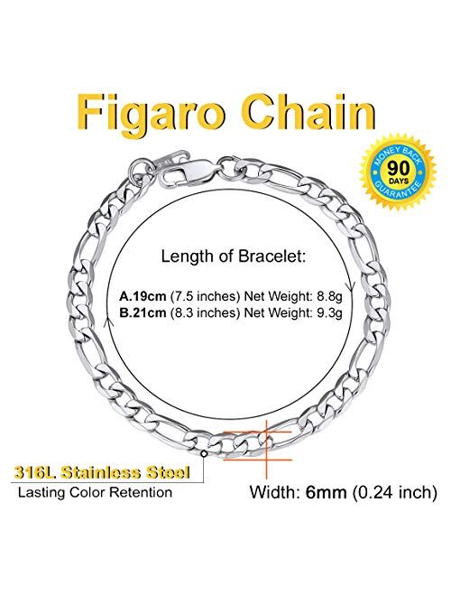ChainsPro Men/Women Sturdy Figaro/Cuban Chain Bracelet, 6/9/13mm Width, 7.48/8.26" Length, 316L Stainless Steel/18K Gold Tone/Black (Send Gift Box)