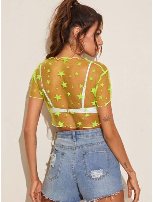 Shein Neon Lime Star Mesh Crop Top Without Bra