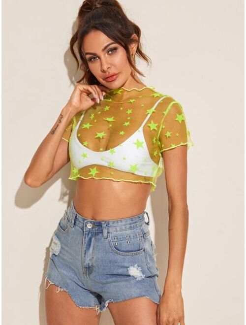 Shein Neon Lime Star Mesh Crop Top Without Bra