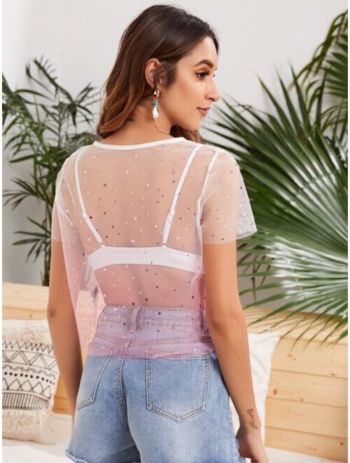 Star Detail Sheer Ombre Top Without Bra