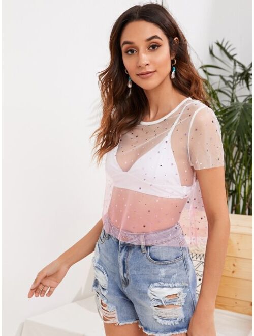 Star Detail Sheer Ombre Top Without Bra