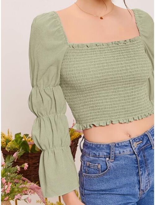 Shein Square Neck Gathered Sleeve Shirred Top