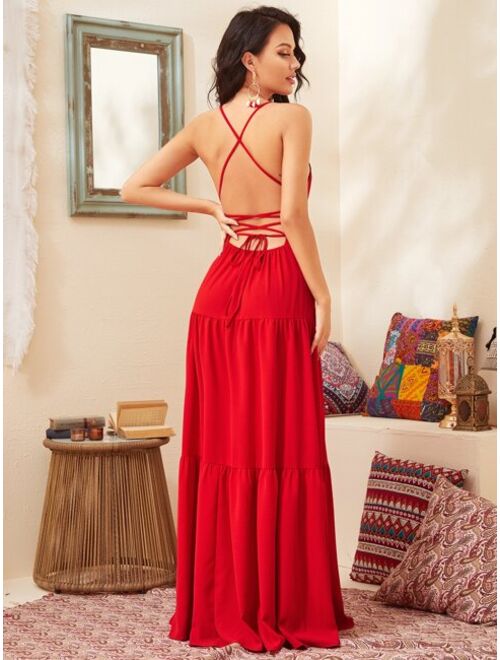 Shein Lace Up Backless Halter Maxi Dress