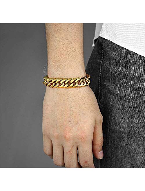 Hermah Heavy Mens Bracelet Chain 316L Stainless Steel Silver Gold Black Color Punk Double Curb Cuban Rombo Link 10/15mm 7-11inch
