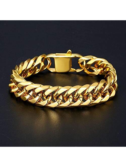 Hermah Heavy Mens Bracelet Chain 316L Stainless Steel Silver Gold Black Color Punk Double Curb Cuban Rombo Link 10/15mm 7-11inch