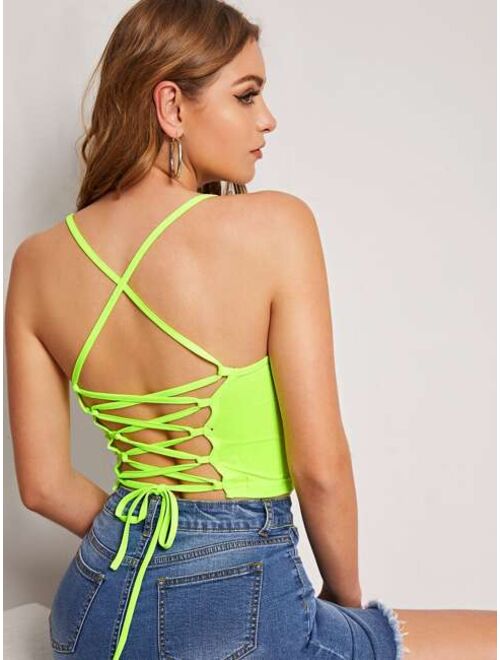Shein Neon Green Lace Up Rib-knit Rib Cami Top