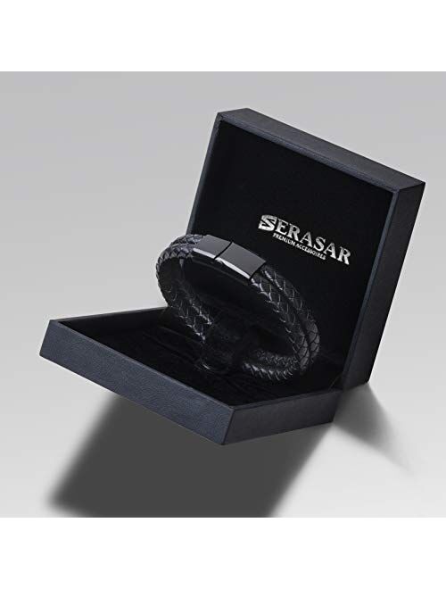 SERASAR | Premium Genuine Leather Bracelet for Men in Black | Polished Magnetic Stainless Steel Closure in Black & Silver | Exclusive Jewellery Box | Great Gift Idea