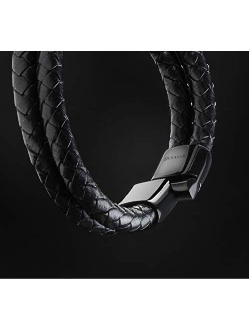 SERASAR | Premium Genuine Leather Bracelet for Men in Black | Polished Magnetic Stainless Steel Closure in Black & Silver | Exclusive Jewellery Box | Great Gift Idea