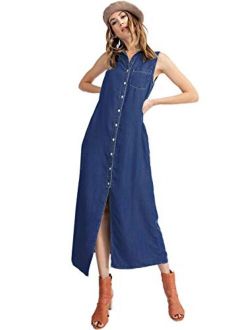 Anna-Kaci Classic Sleeveless Blue Jean Button Down Denim Pocket Collar Shirt Dress