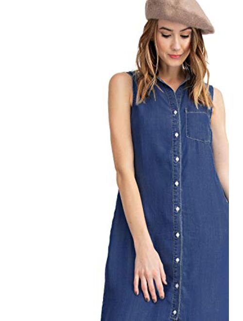Anna Kaci Anna-Kaci Classic Sleeveless Blue Jean Button Down Denim Pocket Collar Shirt Dress