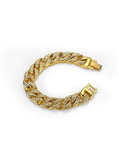 Aiyo Nice Mens Womens Cuban Link Bracelet Hip Hop Bracelet Stainless Steel Chain Bracelet Iced Out Curb Cuban 18k Gold Plated Bracelet with Clear Rhinestones