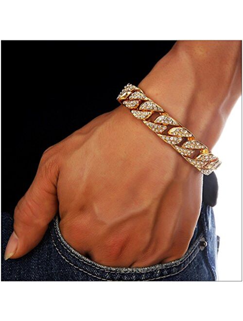 Aiyo Nice Mens Womens Cuban Link Bracelet Hip Hop Bracelet Stainless Steel Chain Bracelet Iced Out Curb Cuban 18k Gold Plated Bracelet with Clear Rhinestones