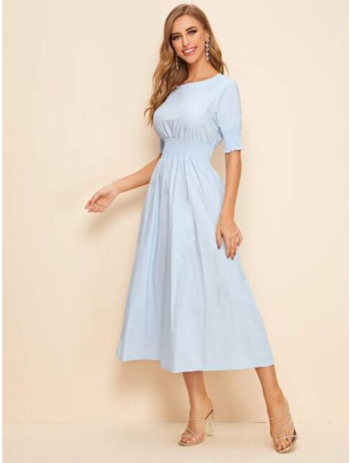 Boat Neck Shirred Flare Dress