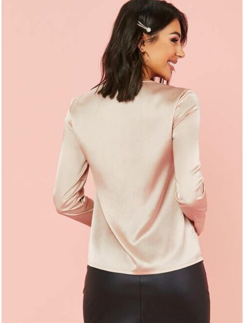 Shein Solid Satin Draped Neck Top