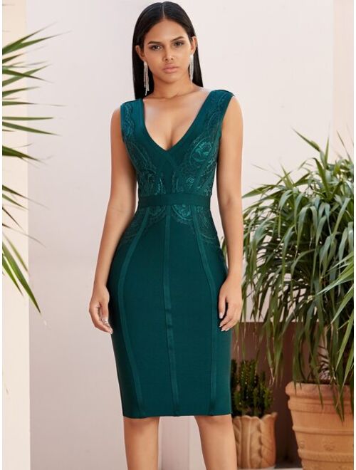 Shein Adyce Deep V-neck Lace Detail Pencil Dress