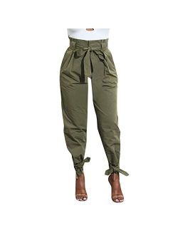 POQOQ Pants Paper Bag Women's Trouser Slim Belted High Waist Trousers