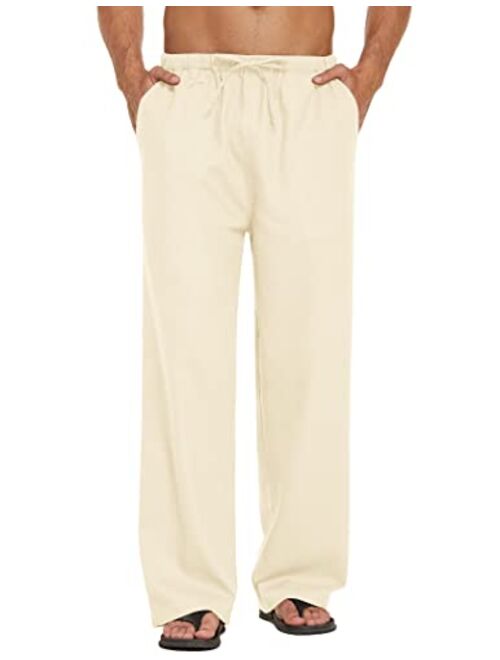 COOFANDY Mens Linen Loose Casual Lightweight Elastic Waist Yoga Beach Pants