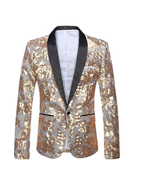 PYJTRL Men Fashion Velvet Sequins Floral Pattern Suit Jacket Blazer