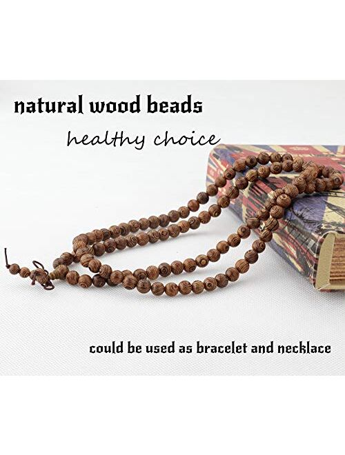 LOYALLOOK Wood Bracelet 108 Mala Bead Bracelets Wood Prayer Beads Sandalwood Link Wrist Necklace Chain for Men Women Chinese Knot 8pcs