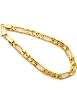 Lifetime Jewelry Diamond Cut 7mm Figaro Bracelet for Men 24k Real Gold Plated with Lifetime Replacement Guarantee