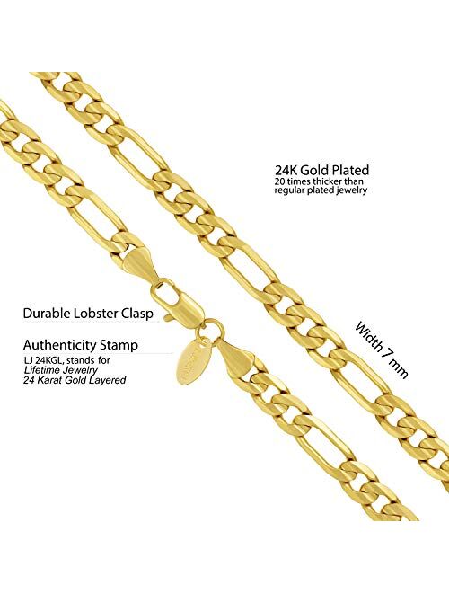 Lifetime Jewelry Diamond Cut 7mm Figaro Bracelet for Men 24k Real Gold Plated with Lifetime Replacement Guarantee