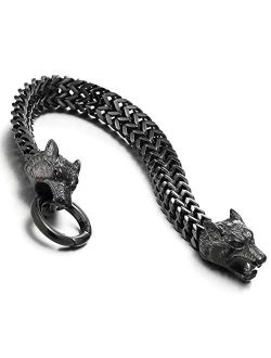 COOLSTEELANDBEYOND Biker Mens Stainless Steel Wolf Head Franco Link Curb Chain Bracelet with Spring Ring Clasp 8.7 Inch