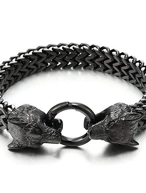COOLSTEELANDBEYOND Biker Mens Stainless Steel Wolf Head Franco Link Curb Chain Bracelet with Spring Ring Clasp 8.7 Inch
