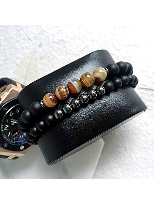 SEVENSTONE 2PCS Black Matte Onyx Prayer Beads Bracelet for Men Women Elastic Natural Stone