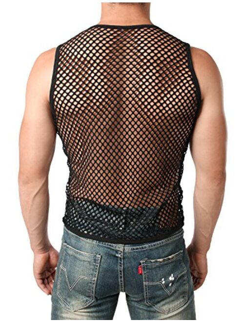 JOGAL Men's Mesh Fishnet Fitted Sleeveless Muscle Top