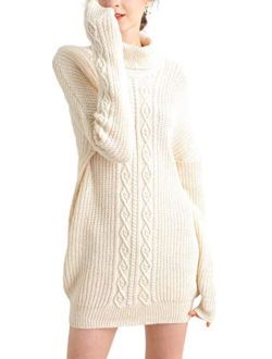 LONGMING Women's Merino Wool Oversized Turtleneck Loose Winter Knitted Long Pullover Fall Sweater Dress