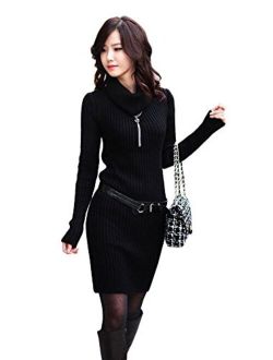 Angcoco Womens Fashion Turtleneck Sexy Bodycon Pullover Knitted Sweater Dress