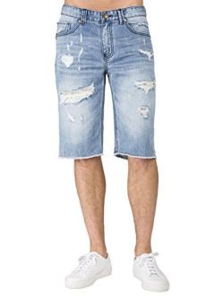 Level 7 Men's Light Blue Relax Premium Denim Cut Off Shorts Distressed Mended Raw Edge