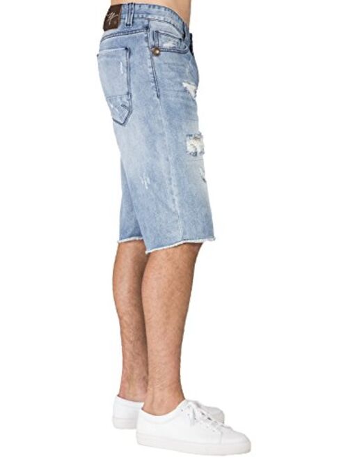 Level 7 Men's Light Blue Relax Premium Denim Cut Off Shorts Distressed Mended Raw Edge