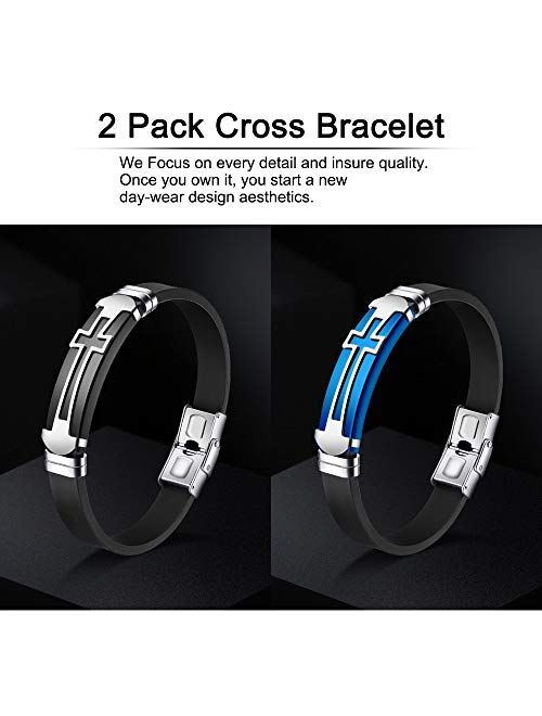 JINGCI Cross Bracelets for Men, Stainless Steel Religious Bracelet with Silicone and Leather for Couples Boys and Man